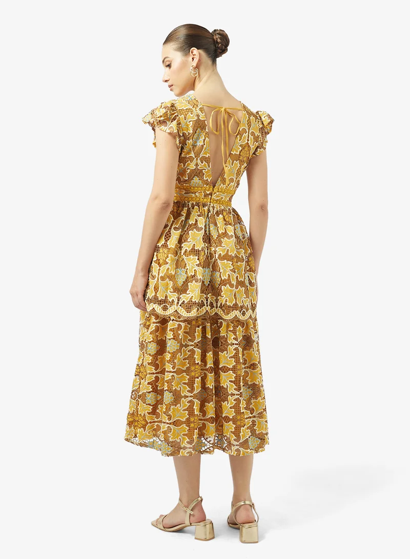 جاست مي فستان ميدي بأكمام مكشكشة مطبوع